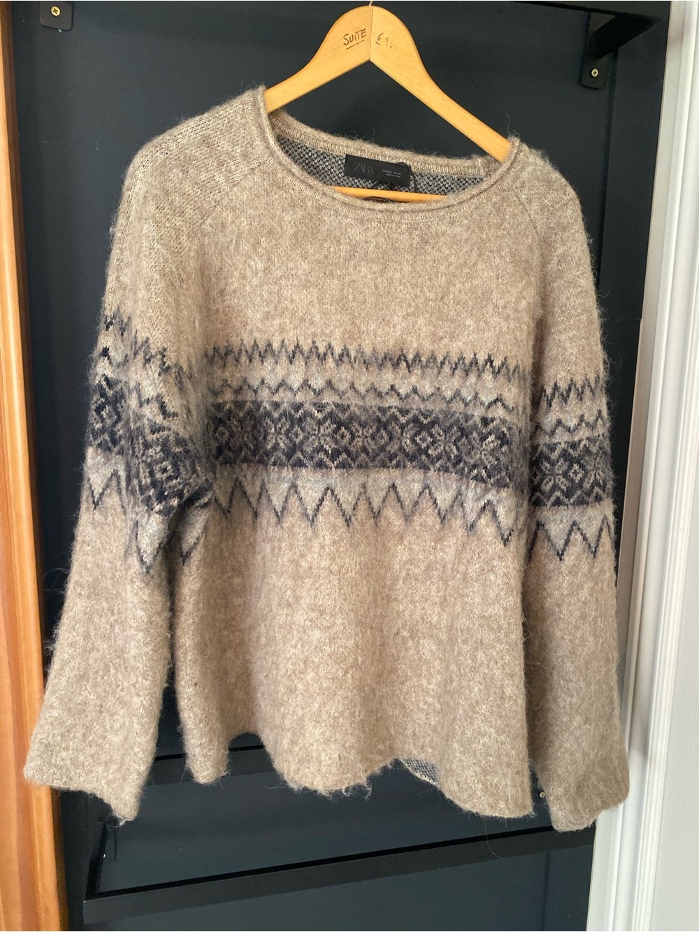 Zara Beige Fair Isle Crewneck Sweater with Black Pattern